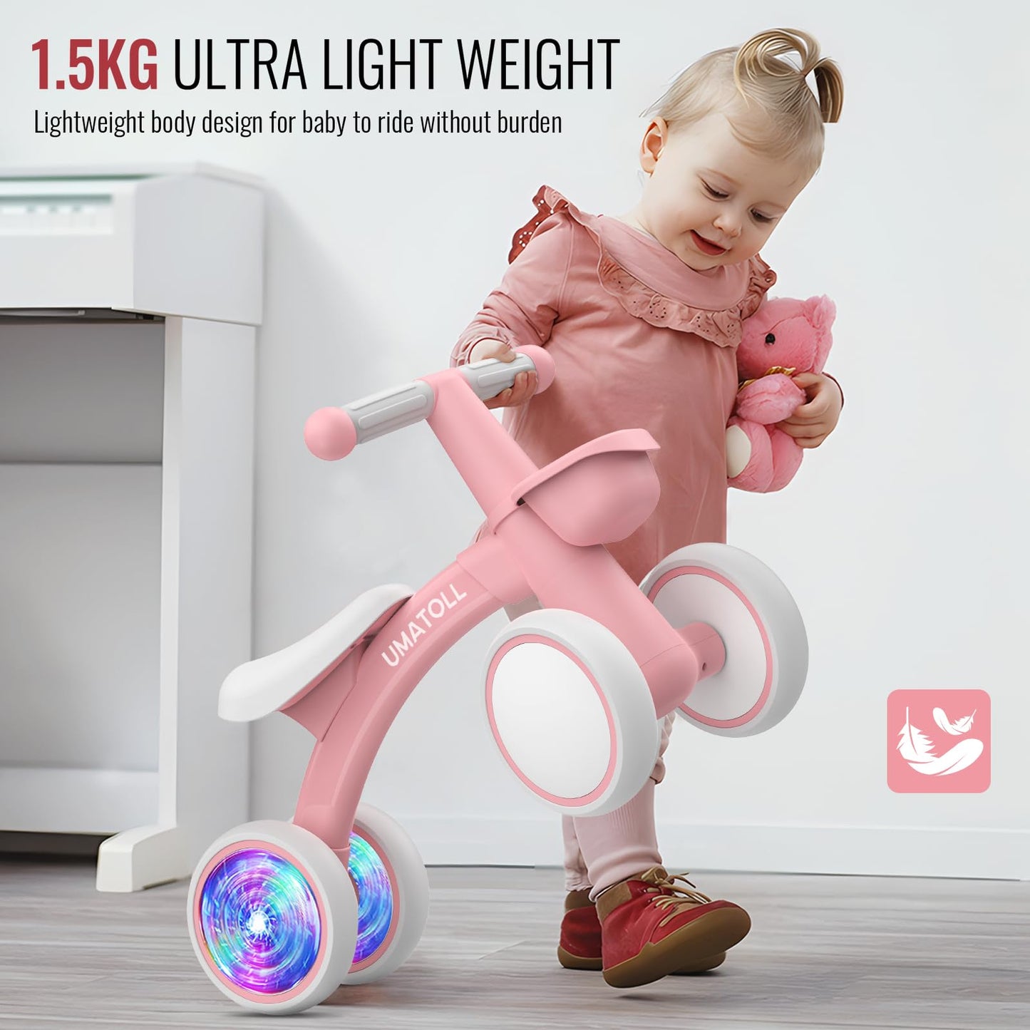 Umatoll Colorful Lighting Baby Balance Bike Toys for 1 Year Old Girls Gifts, Adjustable Seat, 1st Birthday Gifts, 12-24 Months Toddler Bike, Pink Nirvana Guru