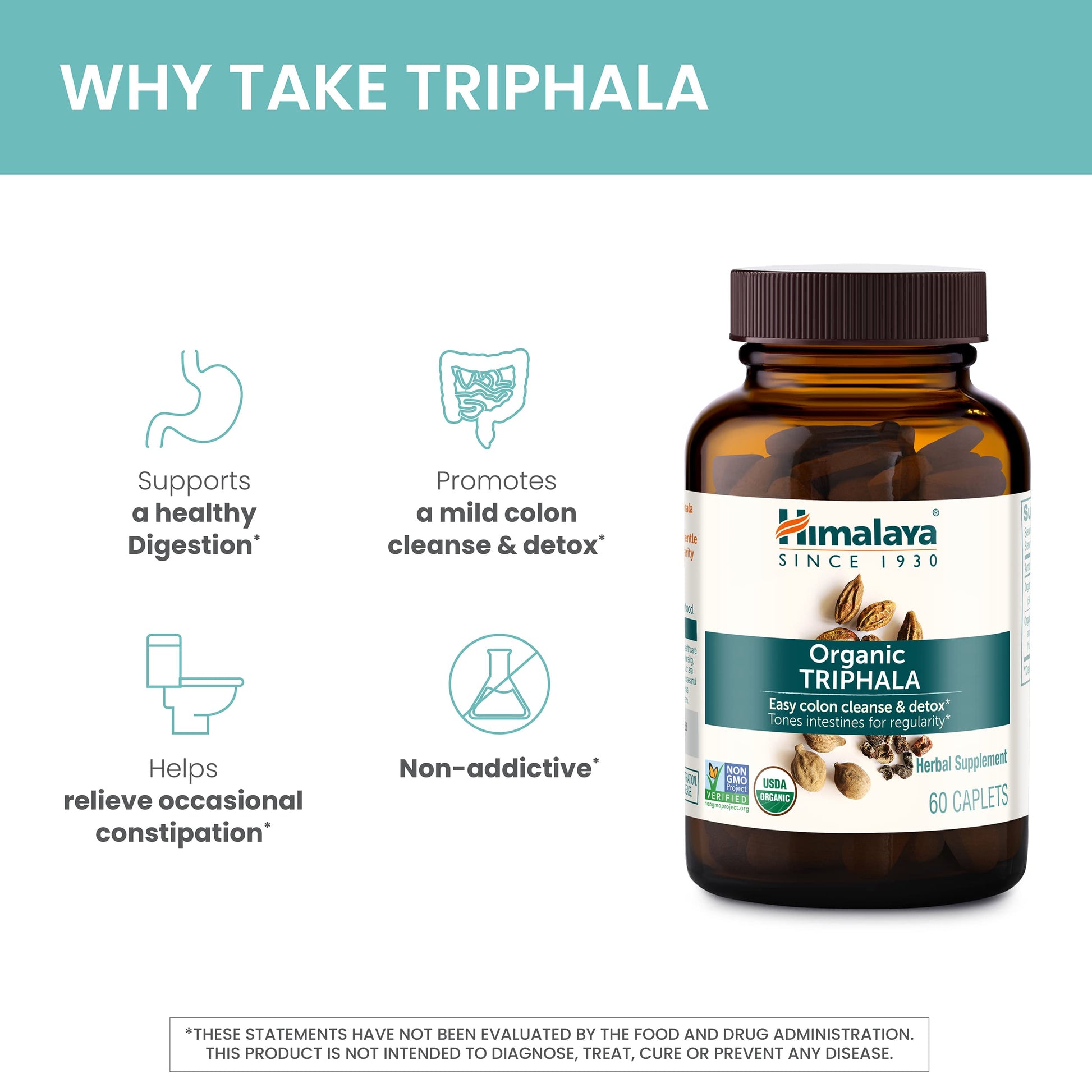 Himalaya Organic Triphala, 2 Month Supply, for Colon Cleanse, Detox & Occasional Constipation, USDA Certified Organic, Non-GMO, Gluten-Free, Extract & Powder Herbal Supplement, 688 mg, 60 Caplets - Nirvana Guru