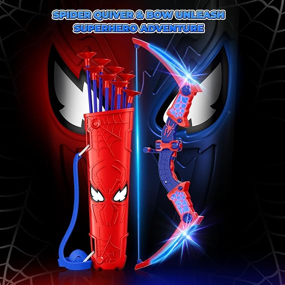 Spider Toys for Boys Age 3-4 4-6 6-8 8-12, Kids Toy BowArrow Shooting Set with Red & Blue LED Lights, Spider Quiver & Web Target, 8 Suction Cup Arrows, Toys Gifts for 3 4 5 6 7 8 9 10 12 Year Old Boys nirvanaguru