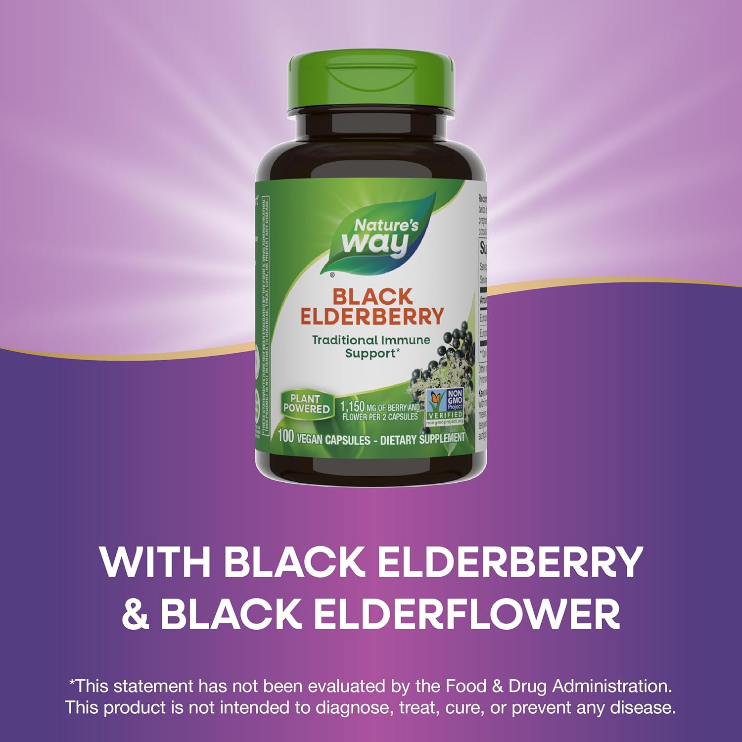 Nature's Way Black Elderberry Supplement, Traditional Immune Support*, With Elderberry and Elderflower, Plant Powered, 100 Capsules (Packaging May Vary) - Nirvana Guru