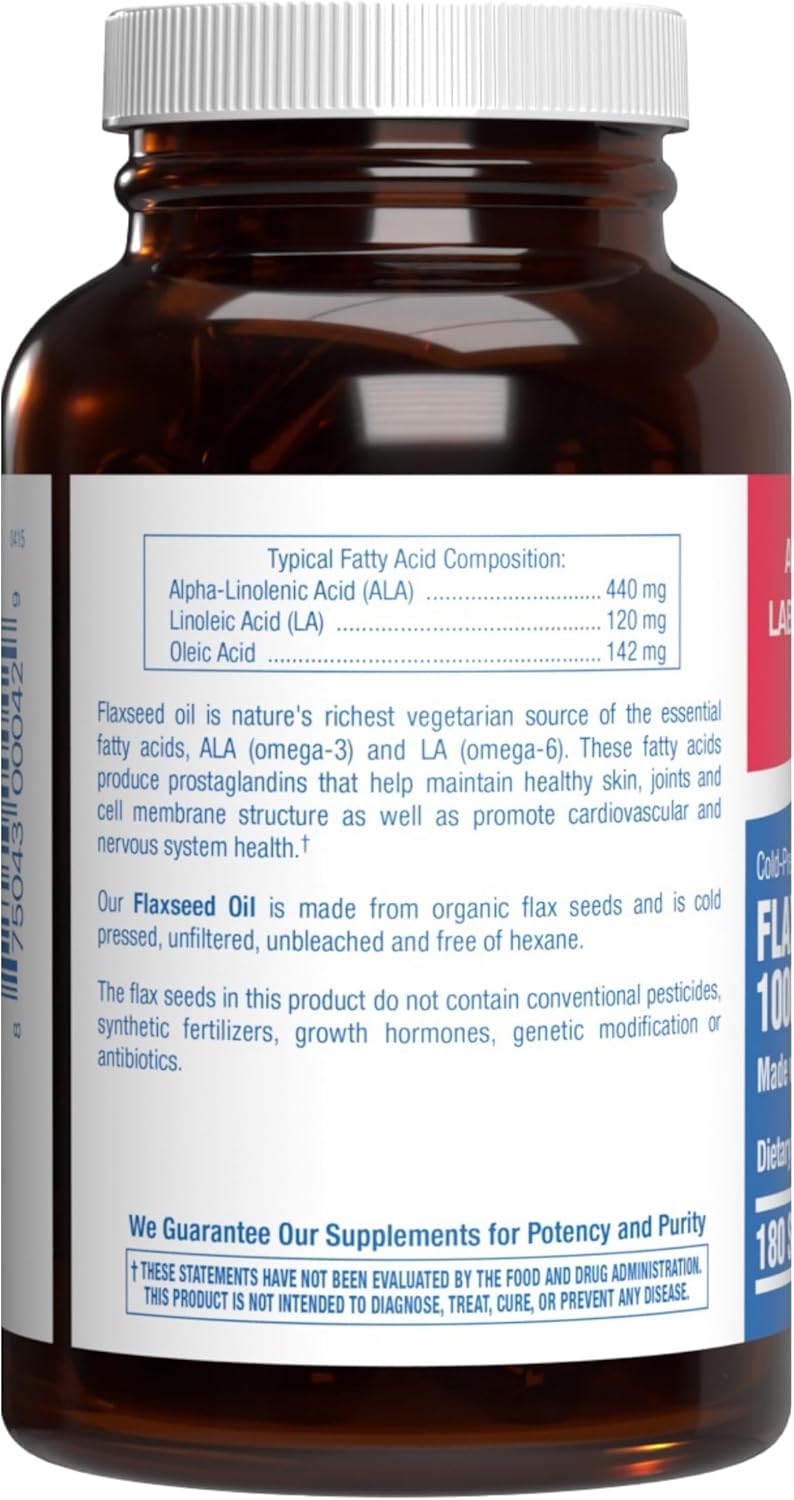 Cold Pressed Organic Flaxseed Oil 1000mg Softgels - Non GMO Organic Flax Seed Oil Rich in Naturally Occurring Omega 3 6 9 for Full Body Benefits - Fish Free Omega 3 Supplement (180 Softgels) Nirvana Guru