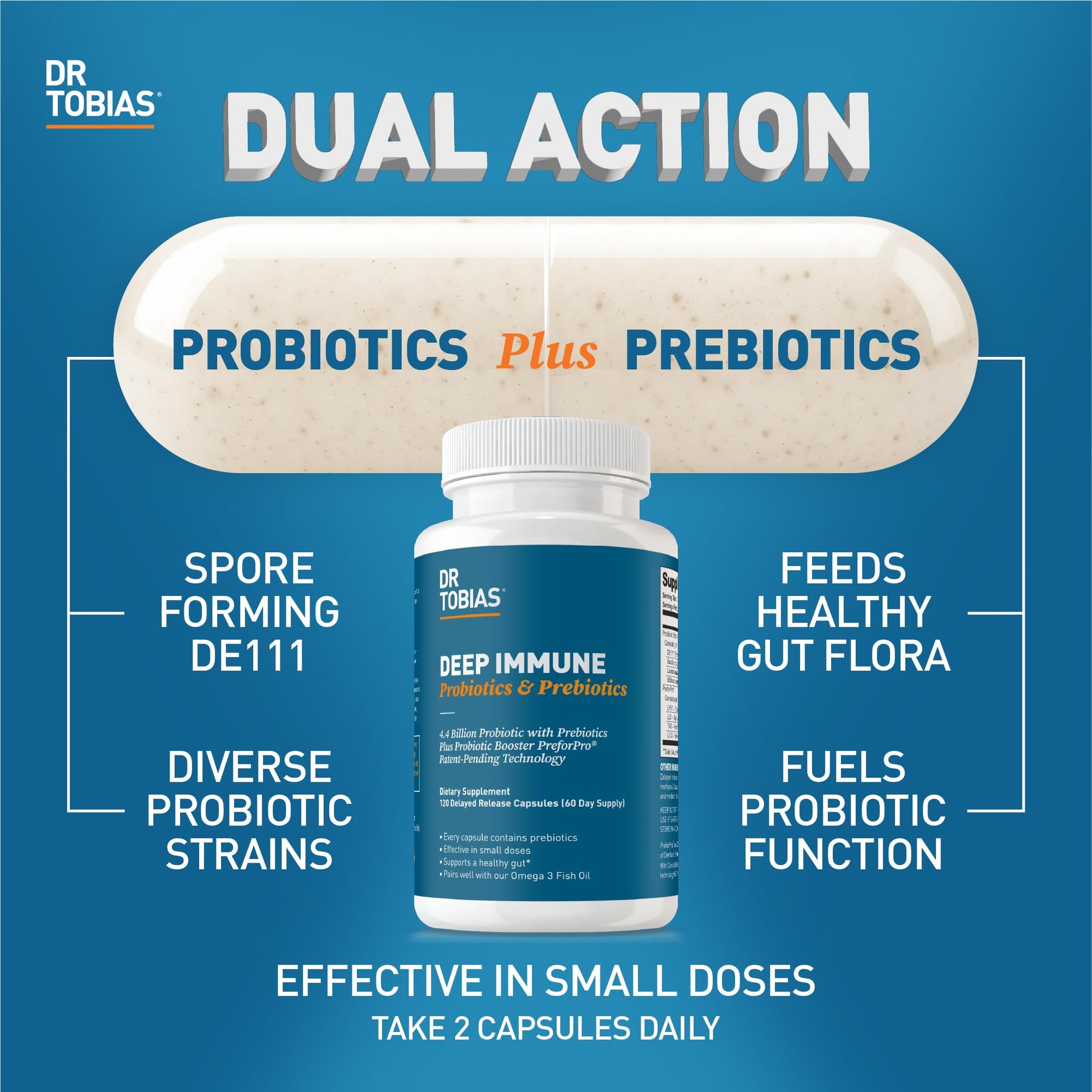 Dr. Tobias Deep Immune Probiotics & Prebiotics, Dual Action Digestion & Immune Support with PreforPro Prebiotics & Delayed Release Spore Forming Probiotics for Women & Men, 60 Capsules, 30 Servings - Nirvana Guru