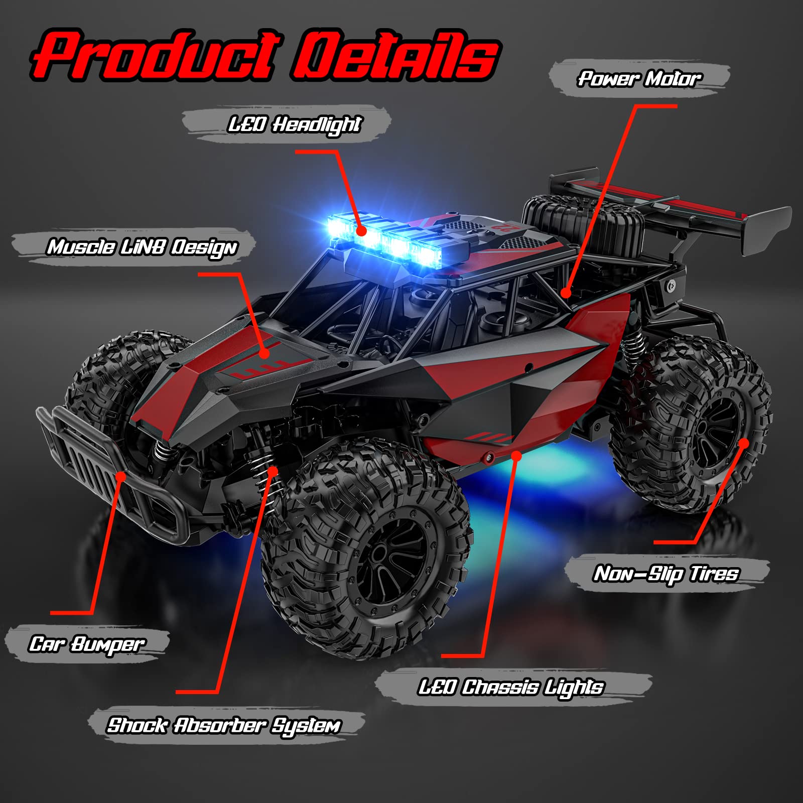 BLUEJAY Remote Control Car, 2.4GHz High Speed 33KM/H RC Cars Toys, 1:12 Monster RC Truck Off Road with LED Headlight and Rechargeable Battery Gifts for Adults Boys 8-12 Nirvana Guru