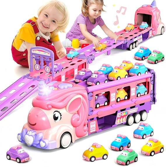 Car Toys for 3 4 5 6 7 Year Old Toddler Girl, Unicorn Toys Truck & Foldable Race Track W/Light & Sound, Friction Power Toy Cars W/ 9 Princess Cars, Birthday Gift for Kids Girls Age 4-6 nirvanaguru