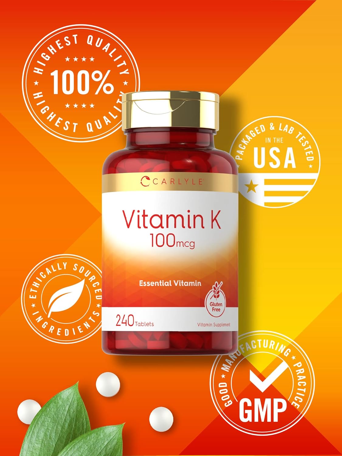 Carlyle Vitamin K 100 mcg | 240 Tablets | Vegetarian, Non-GMO, Gluten Free | Vitamin K Supplement Nirvana Guru