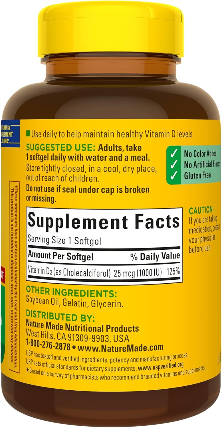 Nature Made Vitamin D3 1000 IU (25 mcg), Dietary Supplement for Bone, Teeth, Muscle and Immune Health Support, 300 Softgels, 300 Day Supply - Nirvana Guru
