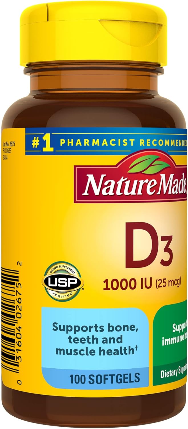 Nature Made Vitamin D3 1000 IU (25 mcg), Dietary Supplement for Bone, Teeth, Muscle and Immune Health Support, 300 Softgels, 300 Day Supply - Nirvana Guru