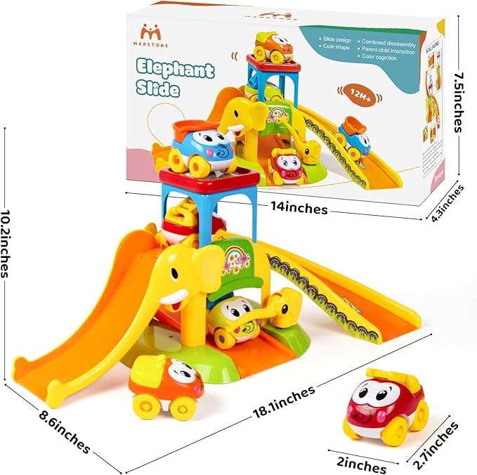 Marstone Toddler Toys for 1 2 Year Old Boys and Girls Gifts: Educational Elephant Slide with 4 Animal Cars Toys for Baby 12-18 Months, First Birthday Present Learning Push Truck Track Ages 1-2 Nirvana Guru