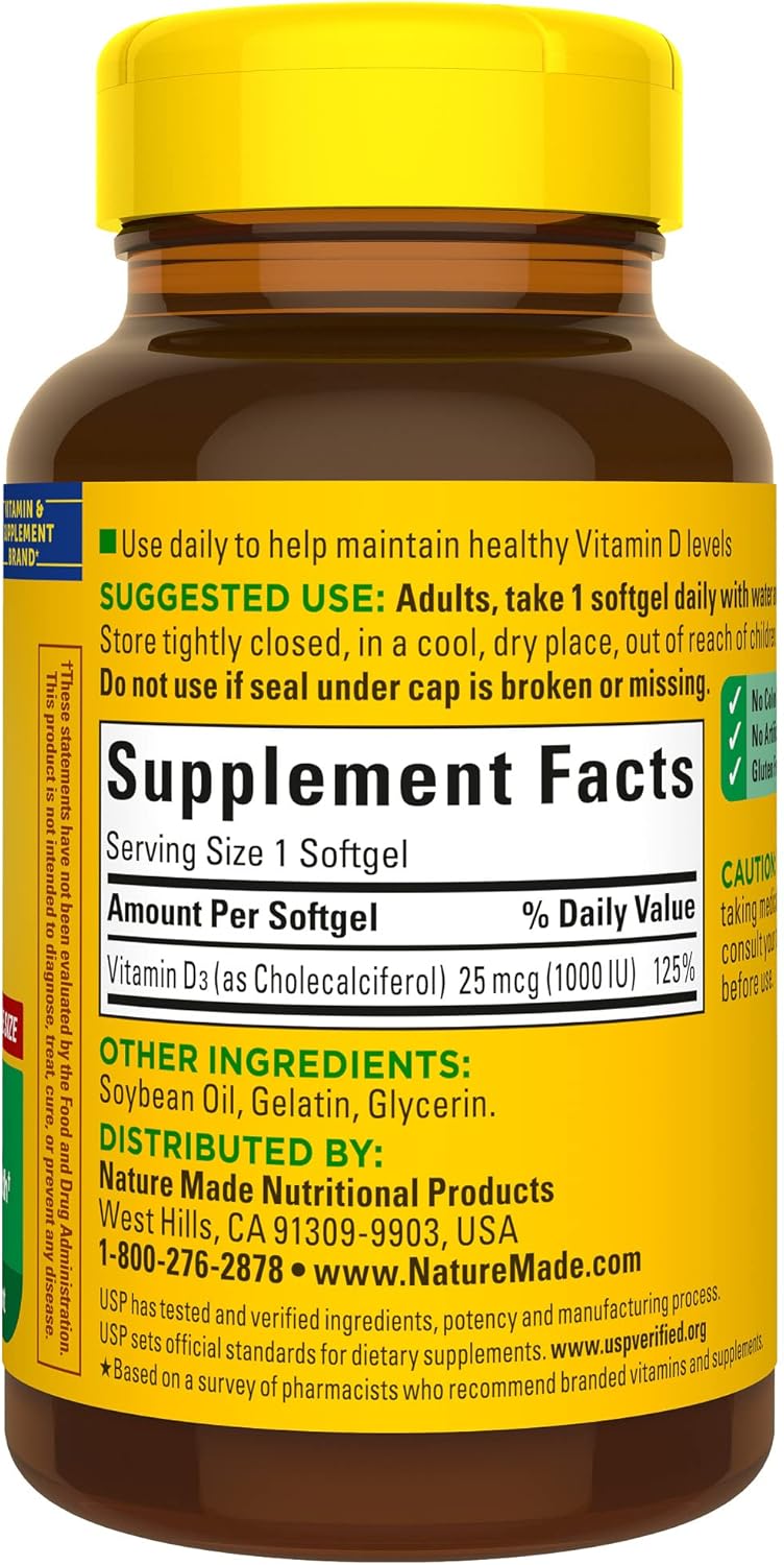 Nature Made Vitamin D3 1000 IU (25 mcg), Dietary Supplement for Bone, Teeth, Muscle and Immune Health Support, 300 Softgels, 300 Day Supply - Nirvana Guru