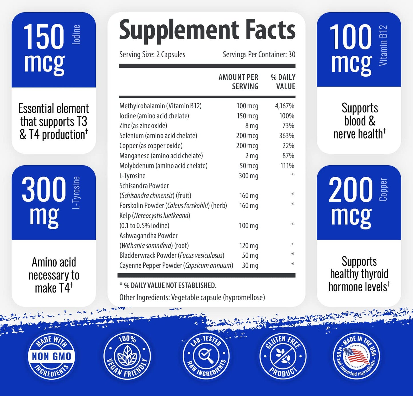 1 Body Thyroid Support Supplement with Iodine, B12, Zinc, Selenium, Ashwagandha, Non-GMO, Vegetarian, 30 Day Supply Nirvana Guru