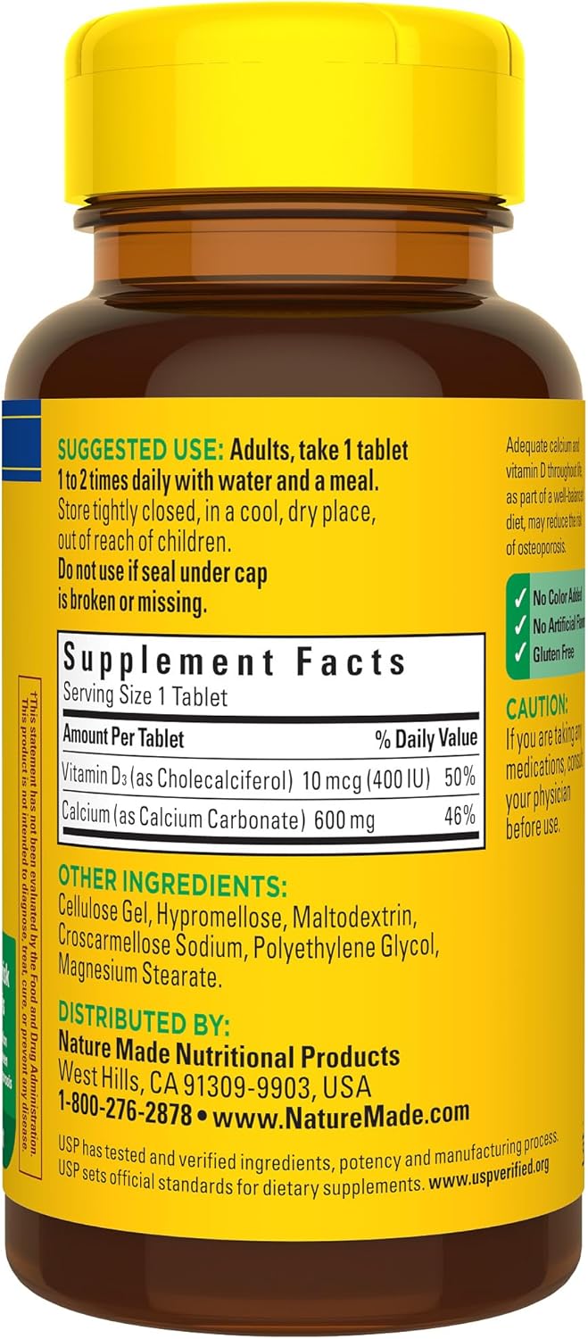 Nature Made Calcium 600 mg with Vitamin D3, Dietary Supplement for Bone Support, 220 Tablets (pack of 1) - Nirvana Guru