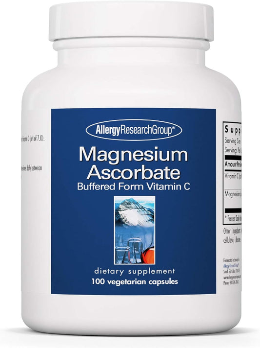 Allergy Research Group Magnesium Ascorbate Supplement - 1000mg Buffered Vitamin C, Immune Support, Magnesium Powder, Vegetarian Capsules - 100 Count Nirvana Guru