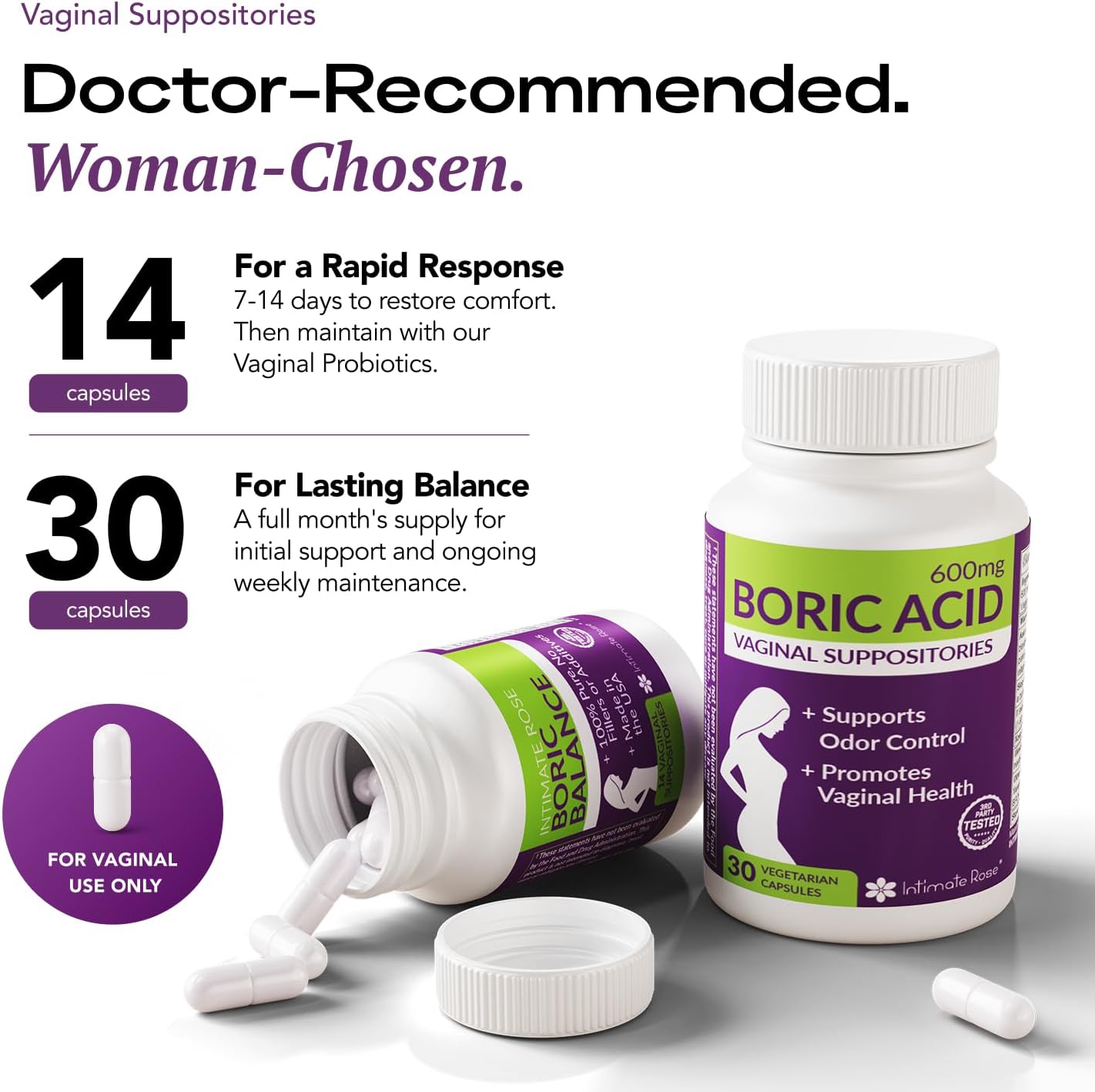Intimate Rose 30ct Boric Acid Suppositories for Women - 600mg Vaginal pH Balance Pills for Odor Relief, BV Support - Made in USA