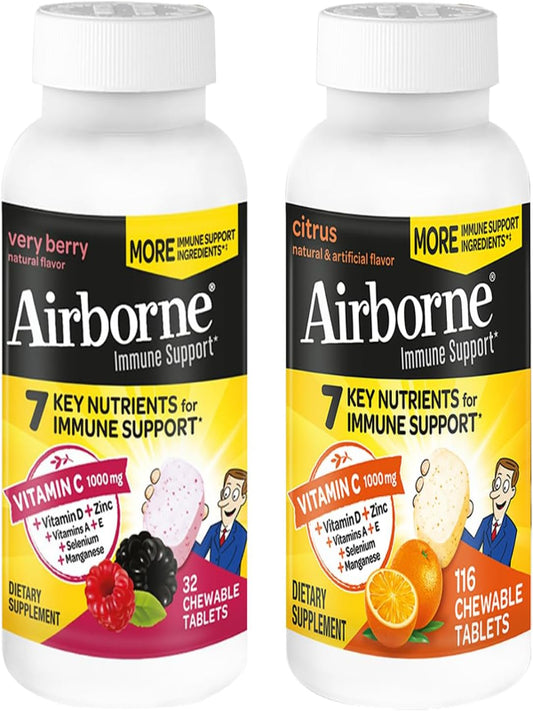 Airborne 1000mg Vitamin C + Zinc Immune Support Supplement Chewable Tablets, Very Berry & Citrus Flavor with Powerful Antioxidants Vitamins A C & E, 116 Chewable Tablets Nirvana Guru