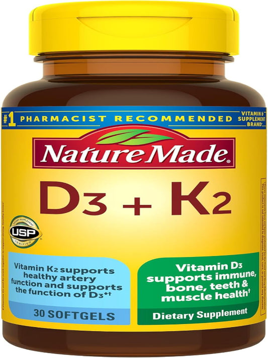Nature Made Vitamin D3 K2, 5000 IU (125 mcg) Vitamin D, Dietary Supplement for Bone, Teeth, Muscle and Immune Health Support, 30 Softgels, 30 Day Supply - Nirvana Guru