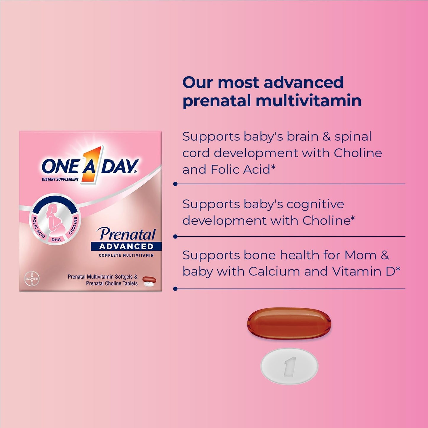 ONE A DAY Women’s Prenatal Advanced Complete Multivitamin with Brain Support* with Choline, Folic Acid, Omega-3 DHA & Iron for Pre, During & Post Pregnancy, 60+60 Ct (120 Total) (Packaging May Vary) Nirvana Guru