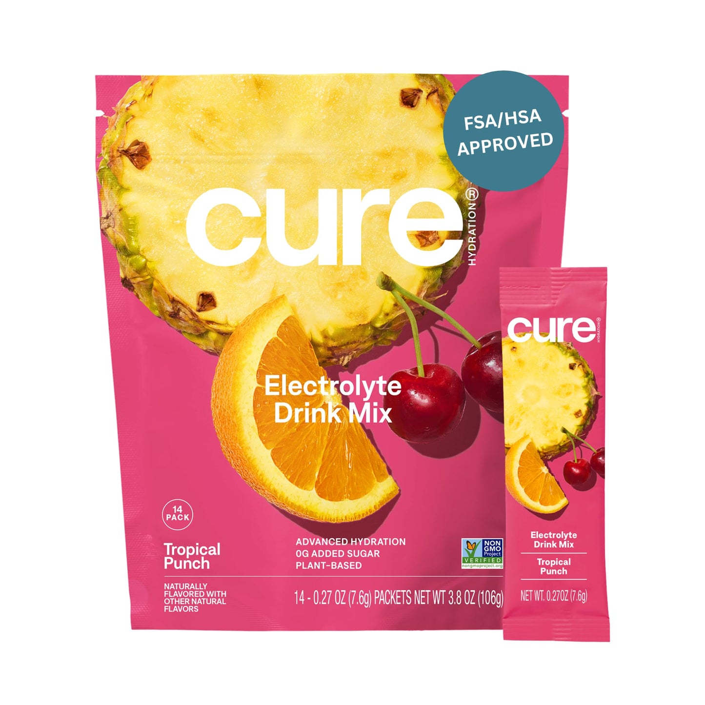 Cure Hydration | Plant-Based Electrolyte Drink Mix | No Added Sugar | FSA & HSA | Dehydration Relief Powder Made with Coconut Water | Non-GMO | Vegan | Pouch of 14 Packets - Berry Pomegranate
