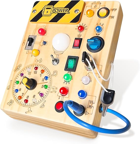 Busy Board, Montessori Toy for 1-3 Years Old, Wooden Toddler Sensory Travel Toy, Ideal Gift for 1+ Year Old Boys (Busy Board Plus V2), Medium, Yellow nirvanaguru