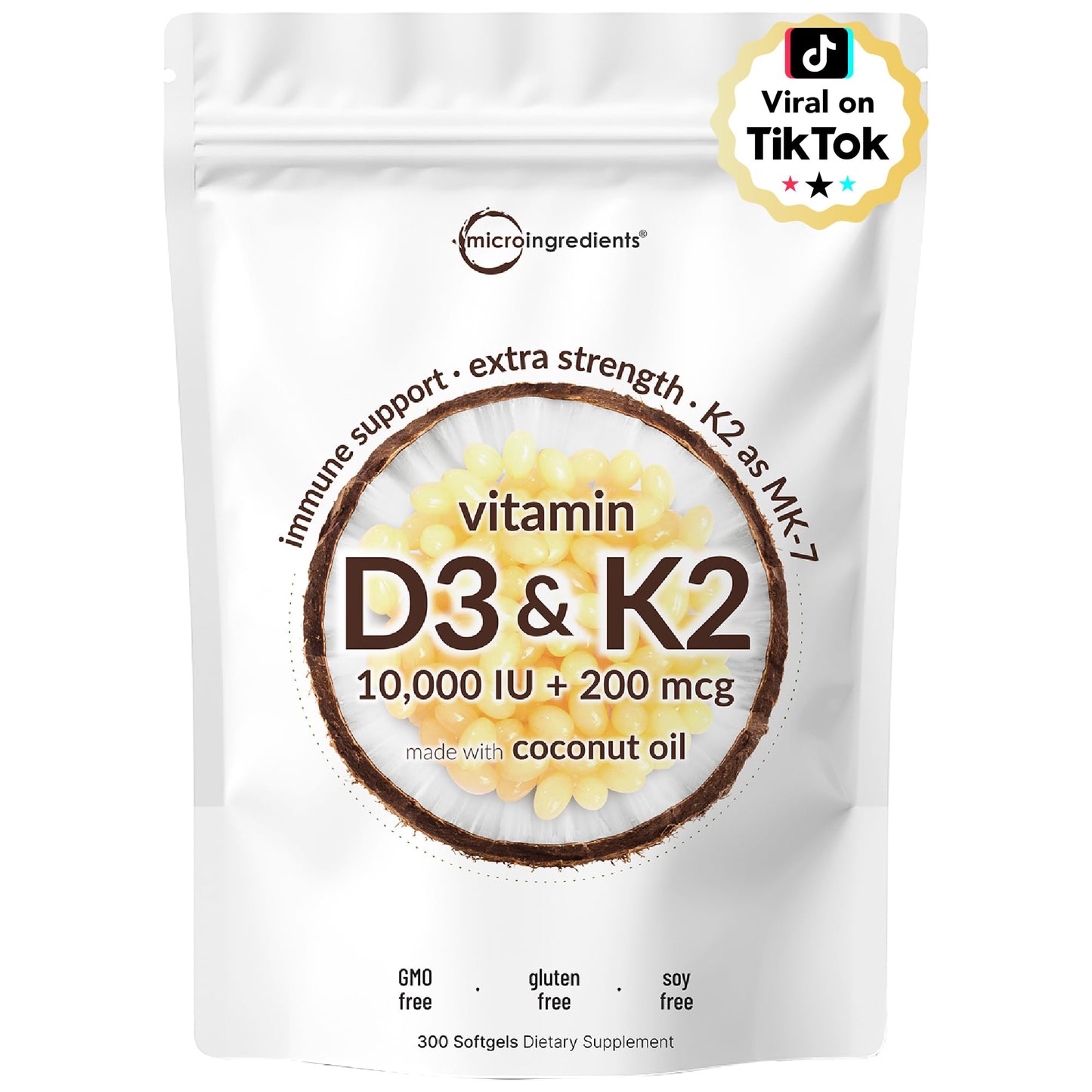 Micro Ingredients Vitamin D3 10,000 IU + K2 MK-7 200 mcg, 300 Softgels | Virgin Coconut Oil | 2-in-1 Bone, Immune & Heart Support | Easy to Swallow, Non-GMO