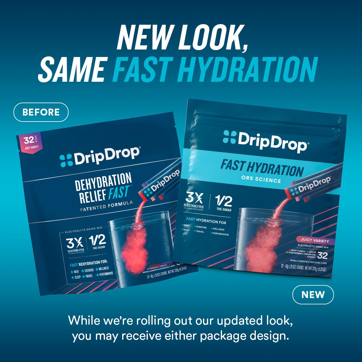 DripDrop Hydration Packets - Juicy Variety Pack - Single Serve Electrolytes Powder Drink Mix - Grape, Fruit Punch, Strawberry Lemonade, Cherry - Non-GMO, Gluten Free, Vegan - 16 Sticks - Nirvana Guru