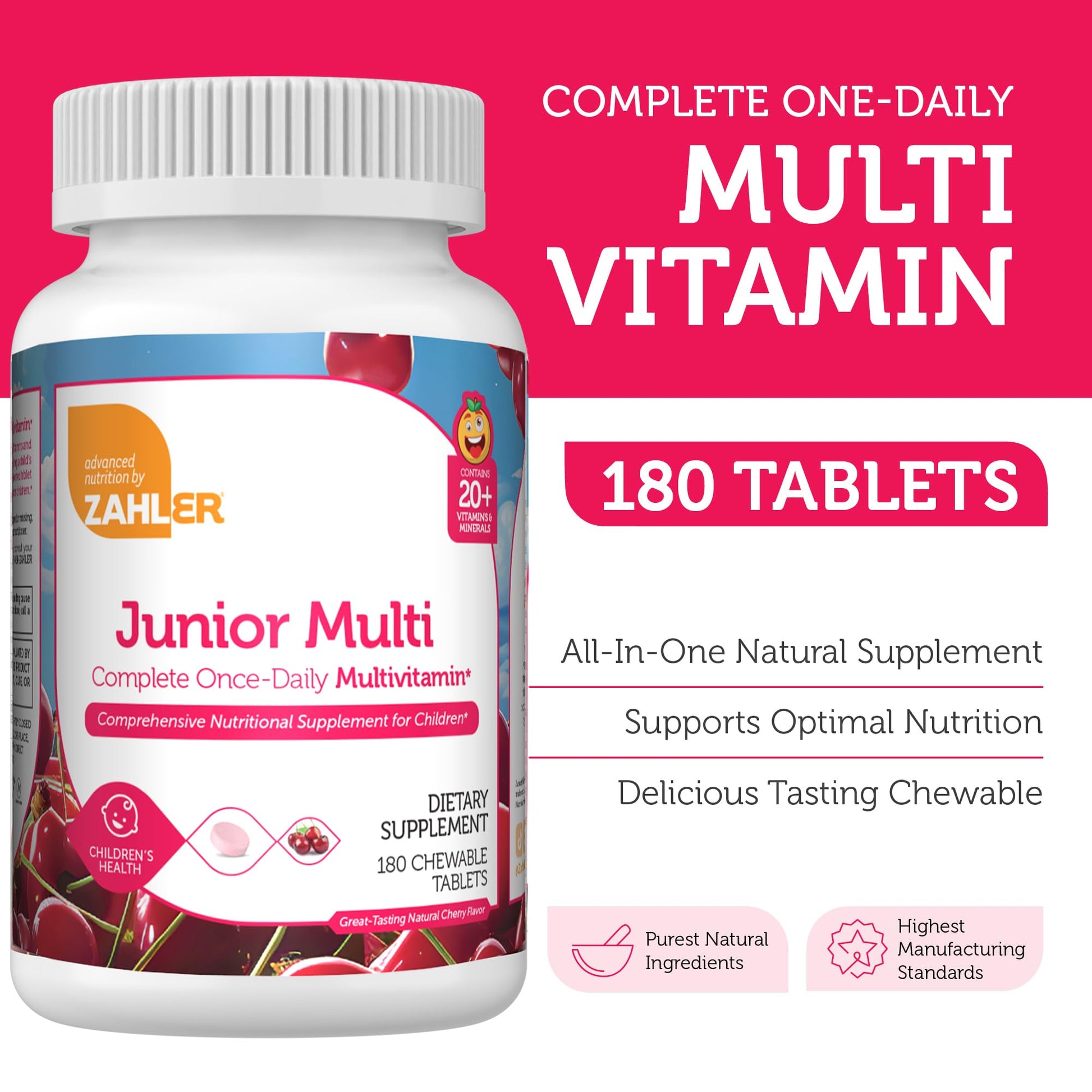 Zahler Kids Multivitamin Chewable Vitamin Tablet - Complete One Daily Kids Vitamins Supplement - Contains 20+ Minerals & Vitamins for Kids & Toddlers - Kosher Multivitamins Cherry Flavor (90) - Nirvana Guru