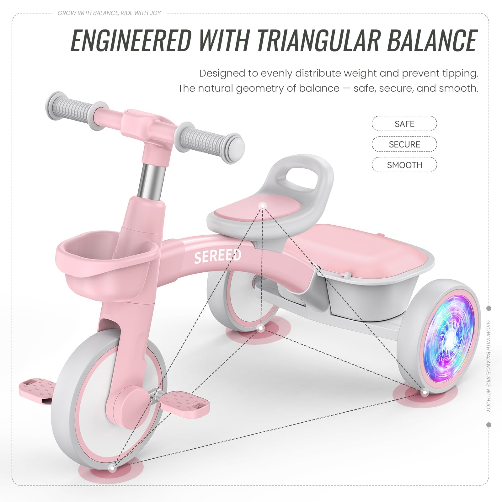 SEREED Colorful Lighting Toddler Tricycle for 2-5 Years Old Girls, Adjustable Seat&Handlebar Trike, Removable Basket, Birthday Gift Idea for Kids Ages 2+ (Pink) Nirvana Guru