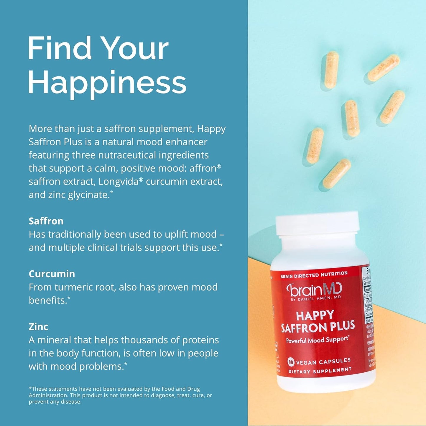 Dr Amen BrainMD Happy Saffron Plus - 90 Capsules - With Saffron Flower Extract, Curcumin & Zinc - Vegan, Gluten Free - 30 Servings Nirvana Guru