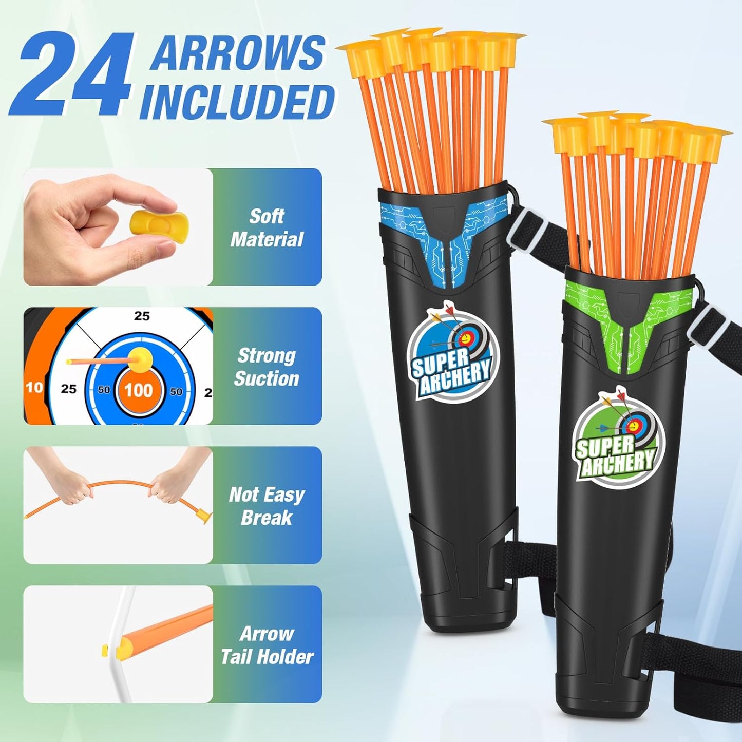2 Pack Bow and Arrow for Kids, LED Light Up Archery Set with 24 Suction Cup Arrows, 1 Standing Target, 6 Score Targets & 2 Quiver, Indoor Outdoor Sport Gifts for Boys Girls Ages 4-8 Nirvana Guru