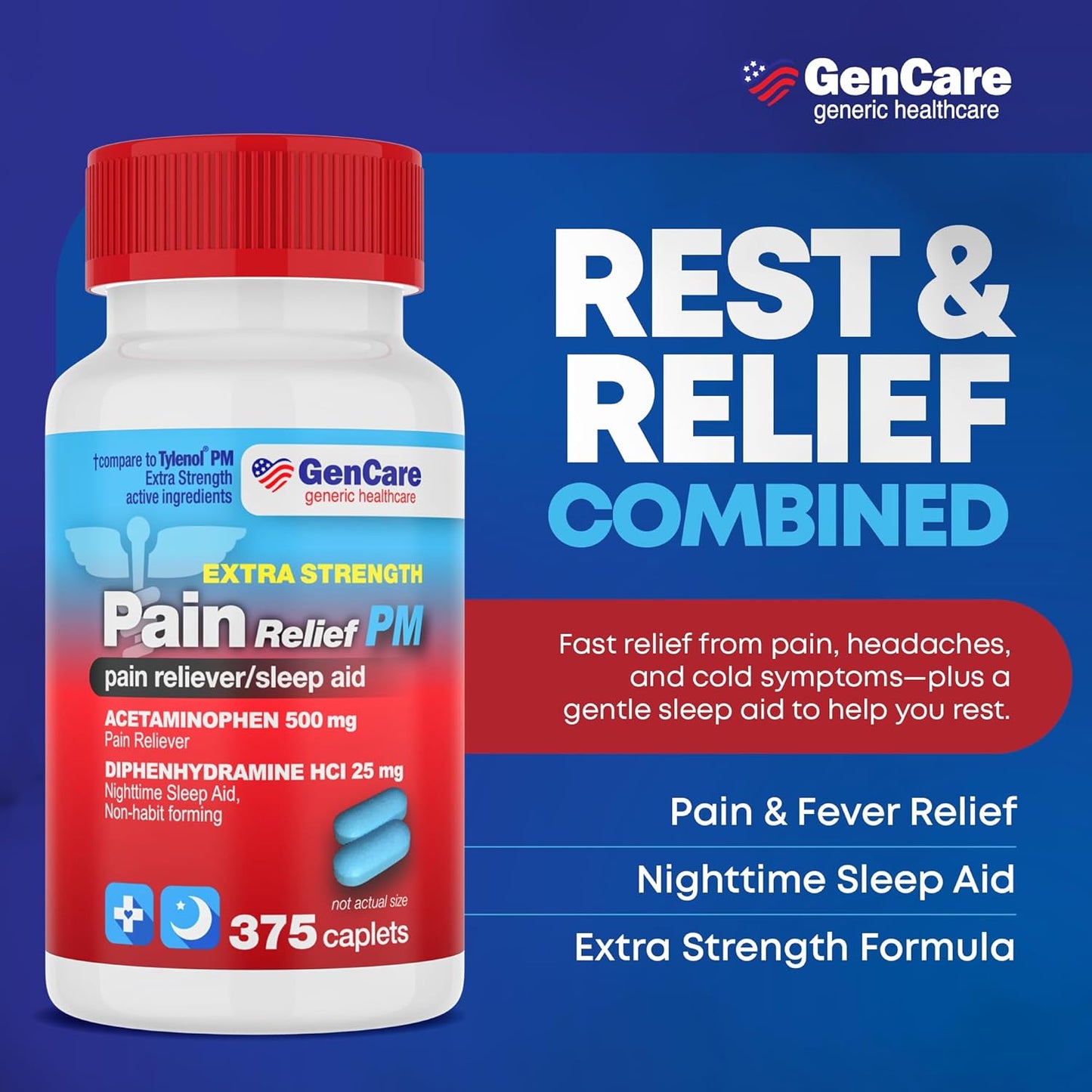 GenCare Extra Strength Acetaminophen PM 500 mg (375 Tablets) | Ultimate Pain Relief & Sleep Support for Adults | Quick Acting & Non Habit Forming Headache Relief | Eases Aches & Joint Discomfort