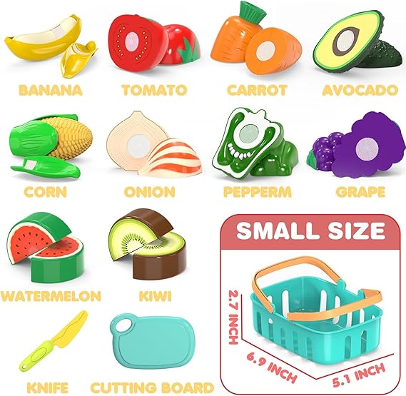 Cutting Play Food Toys For Kids, Pretend Play Kitchen Accessories, Fake Fruits/Vegetables Set With Shopping Storage Basket, Plastic Board And Knife, Birthday Gifts/Educational Toy For Toddler Children nirvanaguru