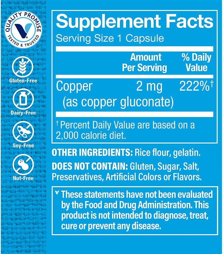 The Vitamin Shoppe Copper 2MG (Copper Gluconate) Supplement - Essential Antioxidant for Iron Metabolism & Immune Support - Once Daily Mineral for Overall Health (100 Capsules) Nirvana Guru