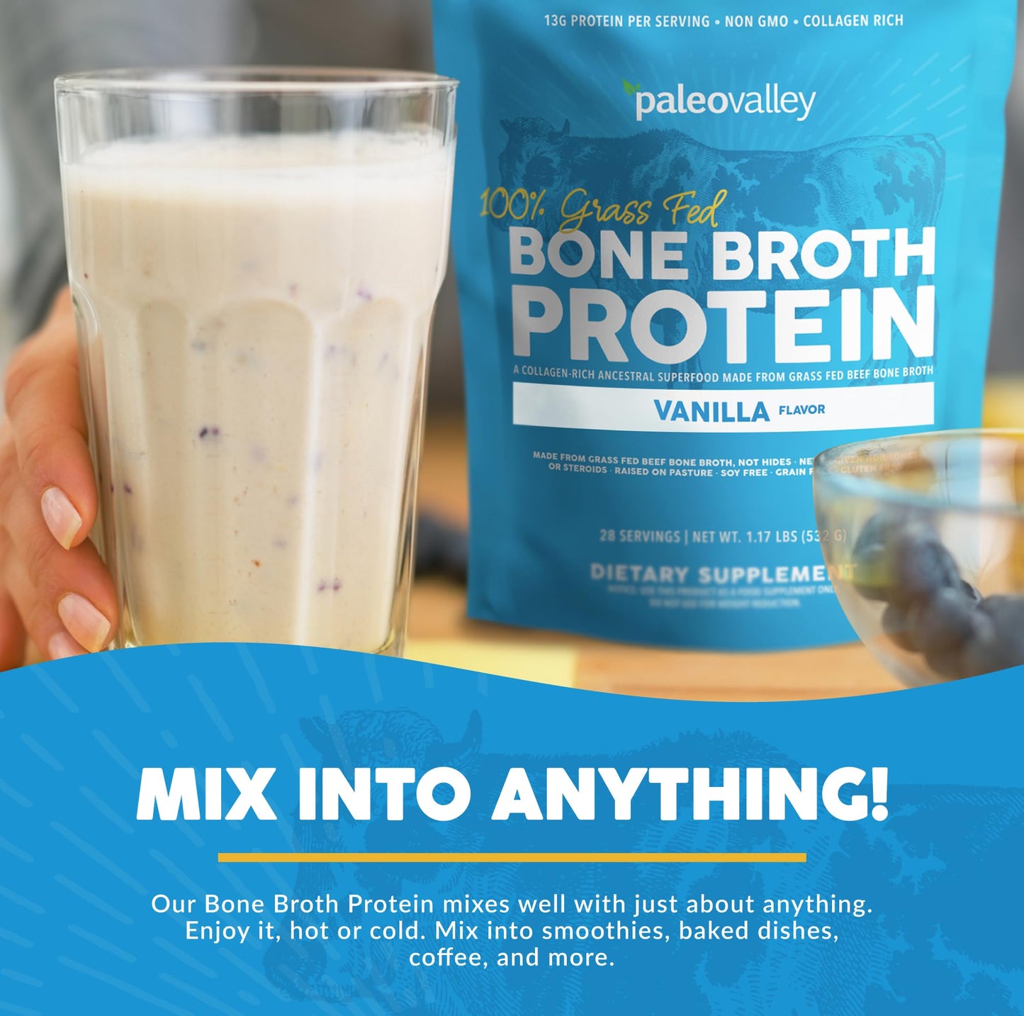 Paleovalley 100% Grass Fed Beef Bone Broth Protein Powder - Rich in Collagen Peptides for Hair, Skin, Gut Health, Bone and Joint Support - 28 Servings, 15g Protein Per Serving - No Gluten or GMOs - Nirvana Guru