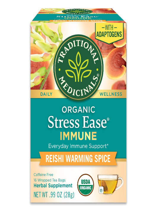 Traditional Medicinals Tea, Organic Stress Ease Immune with Adaptogens, Everyday Immune Support, Reishi Warming Spice, 16 Tea Bags - Nirvana Guru