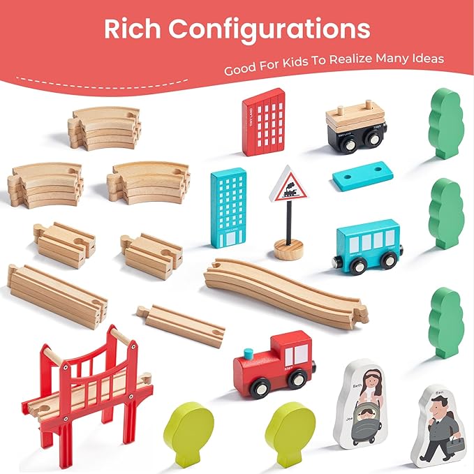 Tiny Land Wooden Train Set for Toddler - 39 Pcs- with Wooden Tracks Compatible with Major Brands - Expandable, Changeable-Train Toy for 3 4 5 Years Old Girls & Boys nirvanaguru