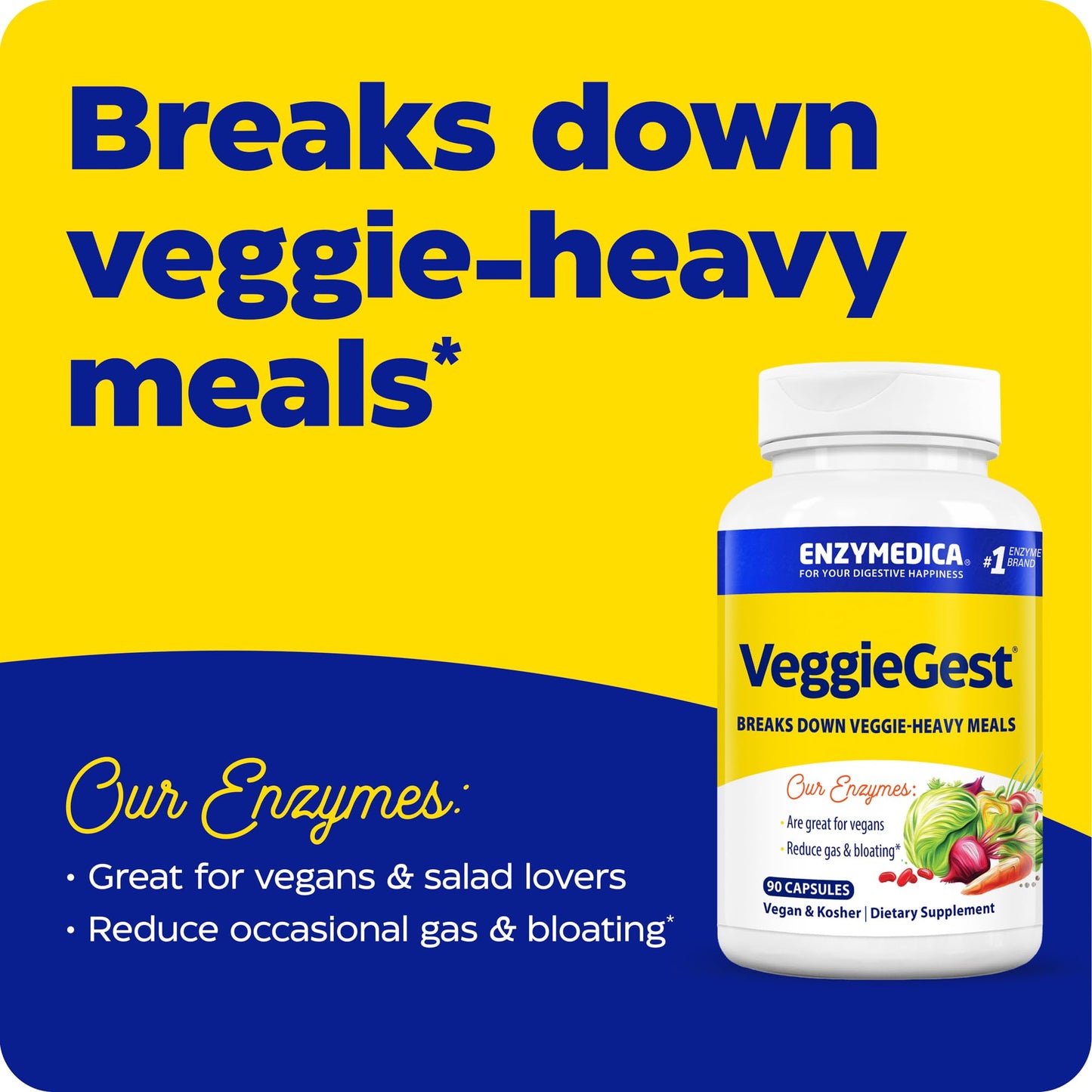 Enzymedica VeggieGest, Digestive Enzymes for Vegan, Vegetarian and Raw Diets, Prevents Gas and Bloating, 90 Count - Nirvana Guru