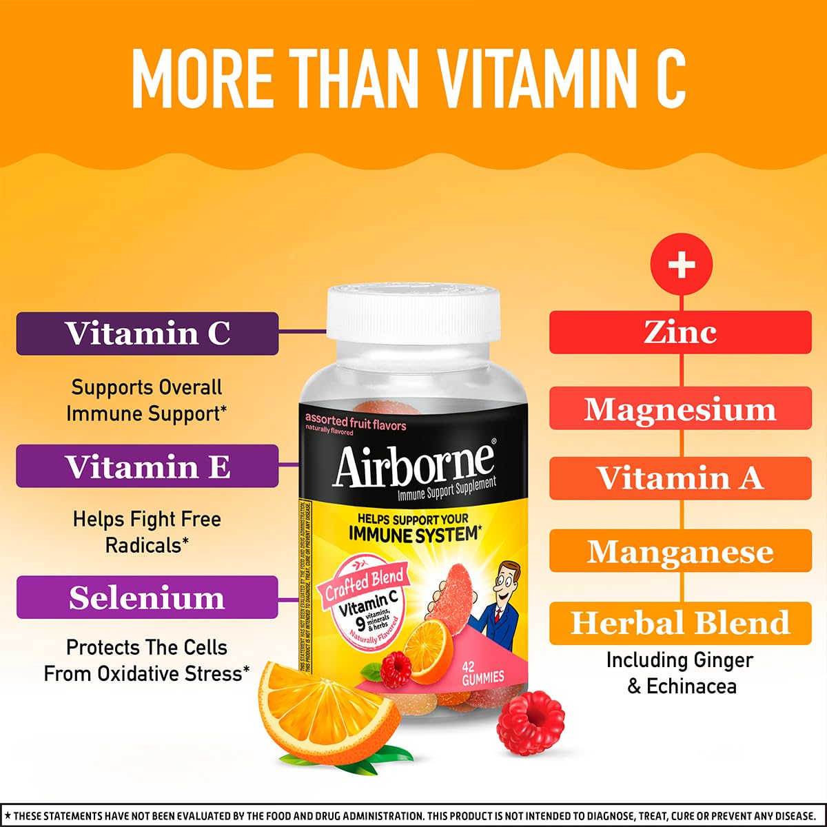 Airborne 750mg Vitamin C Immune Support Supplement Gummies for Adults, Assorted Fruit Flavor, Gluten Free Crafted Blend with Powerful Antioxidants Vitamins A C & E, 42 Gummies (4 Pack) Nirvana Guru