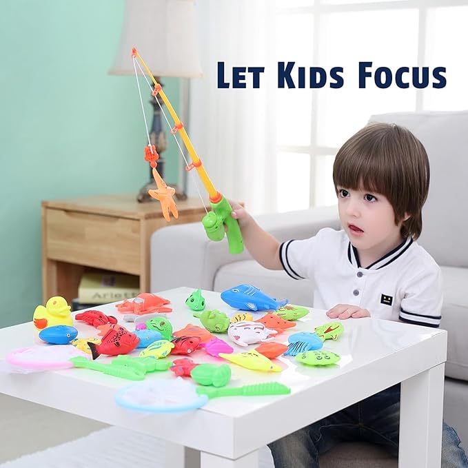 CozyBomB™ Magnetic Fishing Toys Game Set for Kids | Water Table Bathtub Kiddie Pool Party & Pole Rod Net, Plastic Floating Fish Toddler Color Ocean Sea Animals Birthday Age 3 4 5 6 Year nirvanaguru