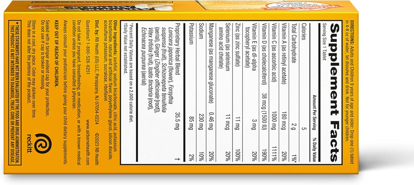 Airborne 1000mg Vitamin C + Zinc Sugar Free Multivitamin Immune Support Effervescent Fizzy Drink Tablets, Zesty Orange Flavor with Powerful Antioxidants Vitamins A C & E, 30 Tablets (3 Pack) Nirvana Guru