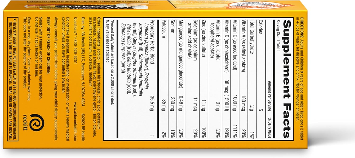 Airborne 1000mg Vitamin C + Zinc Sugar Free Multivitamin Immune Support Effervescent Fizzy Drink Tablets, Zesty Orange Flavor with Powerful Antioxidants Vitamins A C & E, 30 Tablets (3 Pack) Nirvana Guru