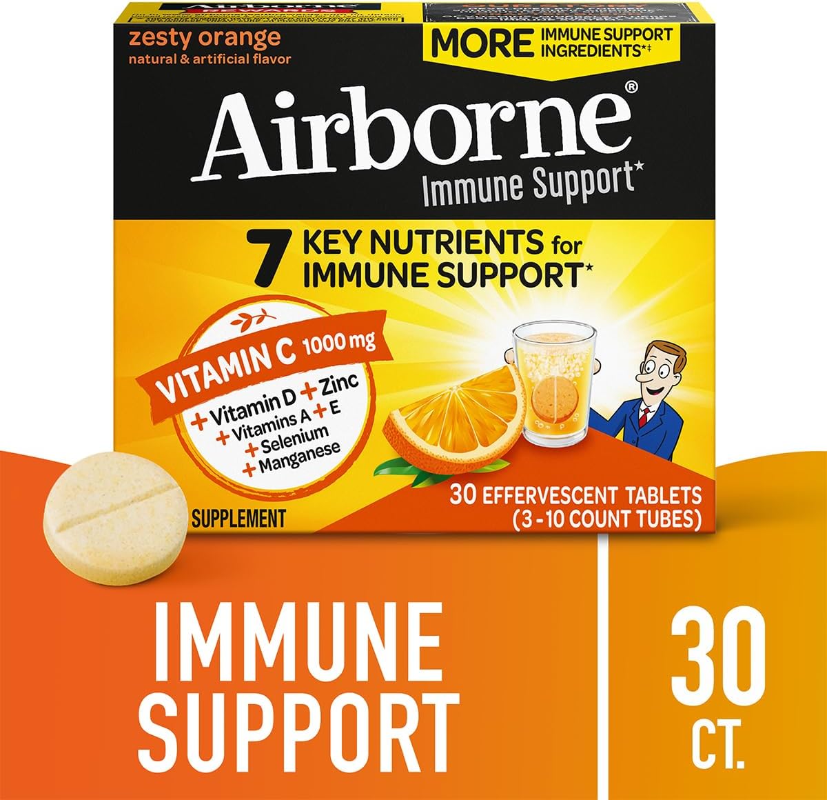 Airborne 1000mg Vitamin C + Zinc Sugar Free Multivitamin Immune Support Effervescent Fizzy Drink Tablets, Zesty Orange Flavor with Powerful Antioxidants Vitamins A C & E, 30 Tablets (3 Pack) Nirvana Guru