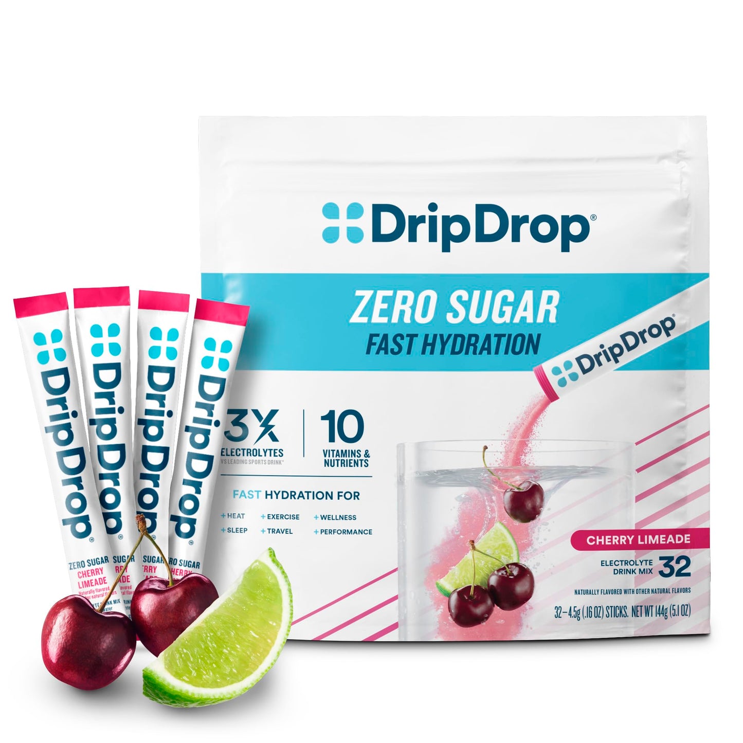 DripDrop Sugar Free Hydration Packets - Zero Classic Variety Pack - Single Serve Electrolytes Powder Drink Mix - Lemon Lime, Watermelon, Peach, Passion Fruit - Non-GMO, Gluten Free, Vegan - 32 Sticks