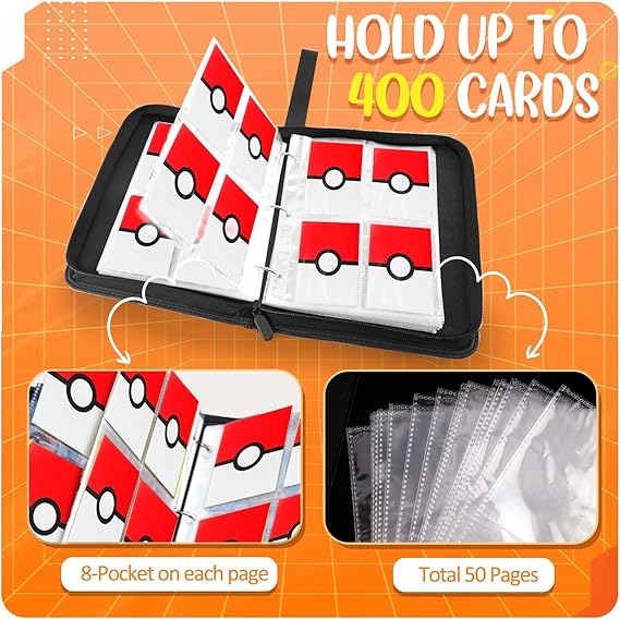 Card Binder 4 Pocket, Trading Card Holder Fits 400 Cards With 50 Removable Sleeves, Portable Collection Card Ablum, Game Card Case book With Zipper for Gift, Red nirvanaguru