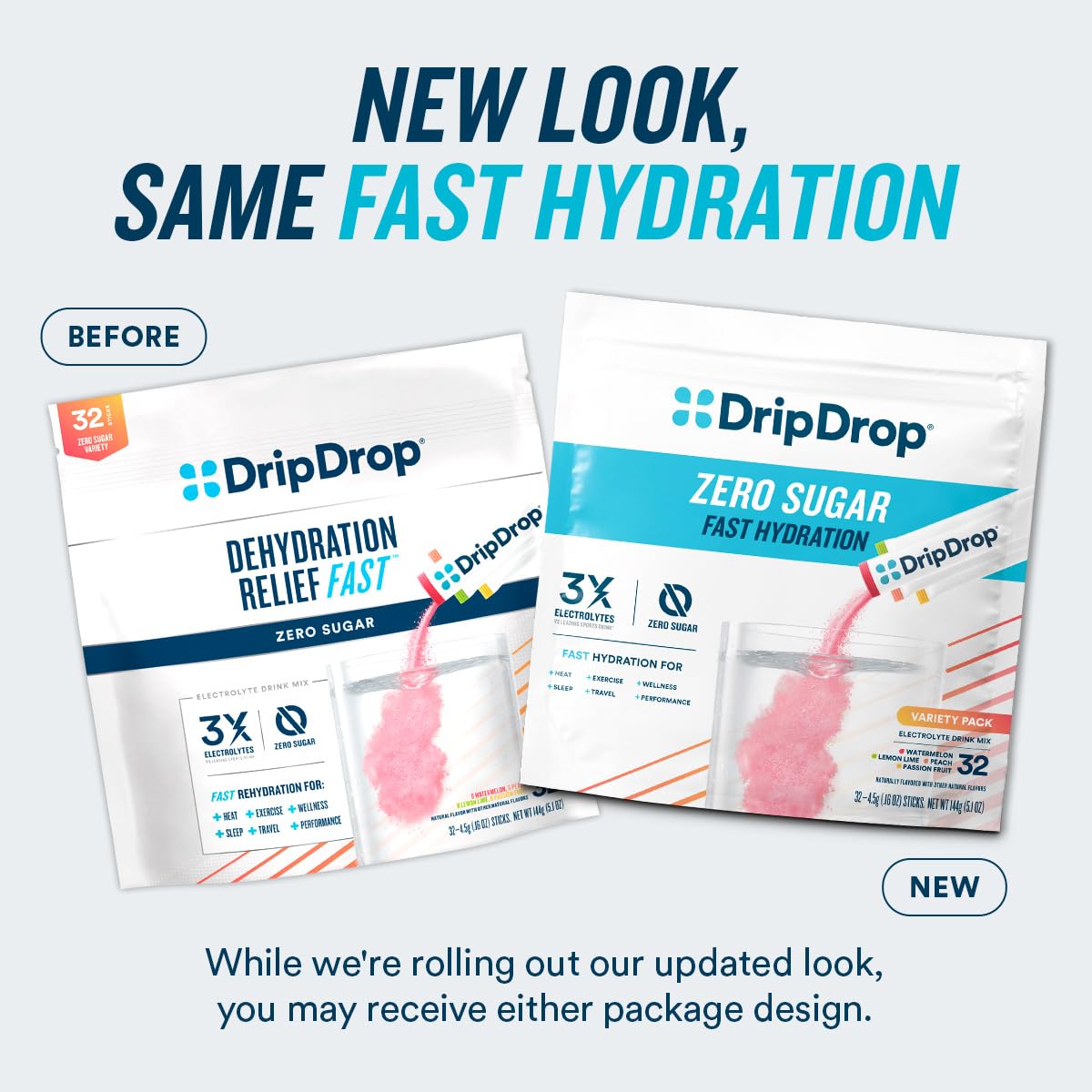 DripDrop Sugar Free Hydration Packets - Zero Classic Variety Pack - Single Serve Electrolytes Powder Drink Mix - Lemon Lime, Watermelon, Peach, Passion Fruit - Non-GMO, Gluten Free, Vegan - 32 Sticks