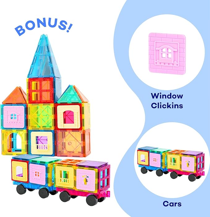 Magnetic Tiles 100PCS with 2 Cars, STEM Educational Building Blocks for Kids Ages 3-9, Magnet Construction Toys Gift for Toddlers Nirvana Guru