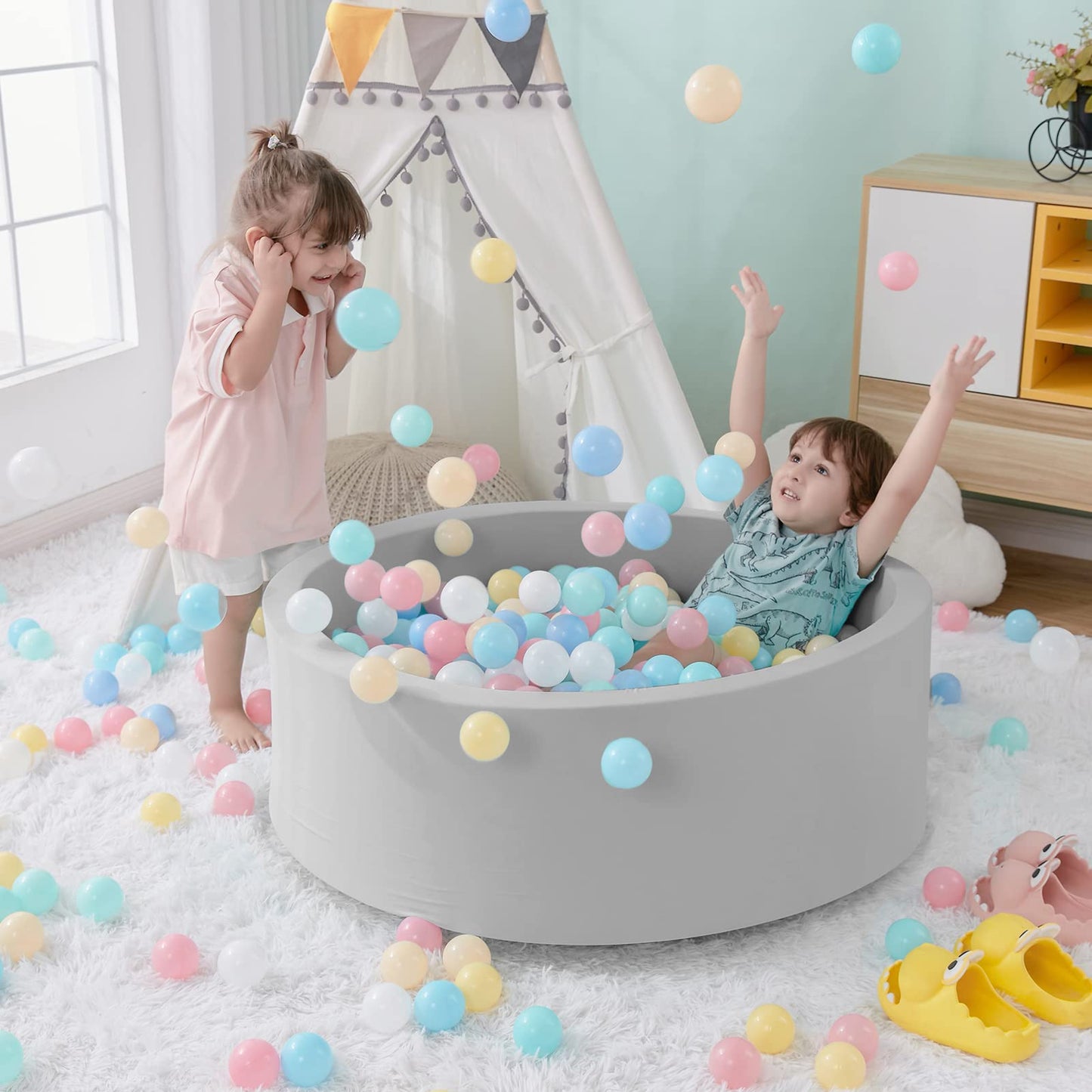 Foam Ball Pit, 35.4"x 11.8" Ball Pits for Toddlers, Soft Round Kiddie Baby Playpen Ball Pool for Kids, Ideal Gift for Babies Indoor and Outdoor Game, Grey, (Balls not Included) Nirvana Guru