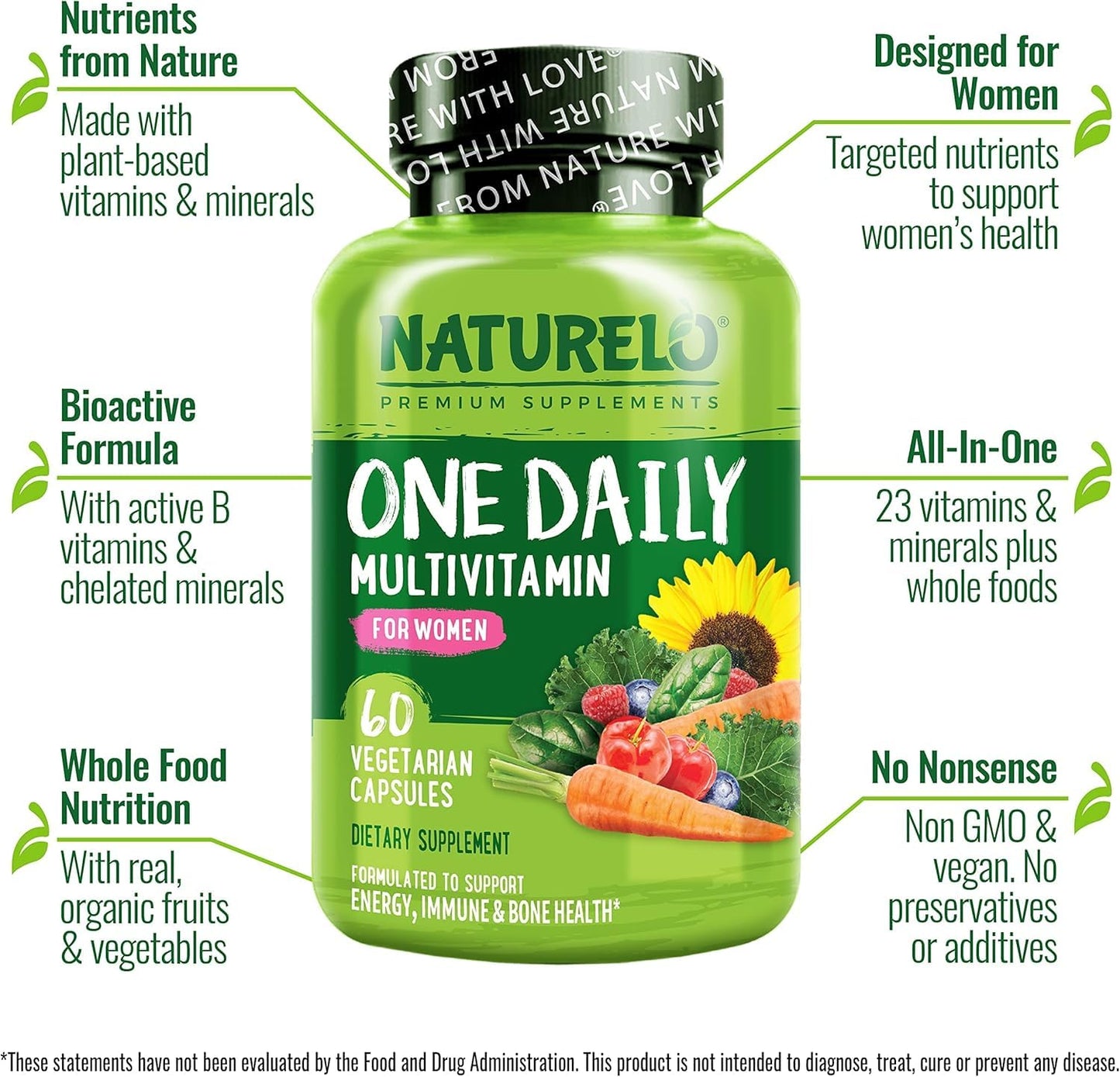 NATURELO One Daily Multivitamin for Women - Energy Support - Whole Food Supplement to Nourish Hair, Skin, Nails - Non-GMO - No Soy - Gluten Free - 120 Capsules - 4 Month Supply - Nirvana Guru