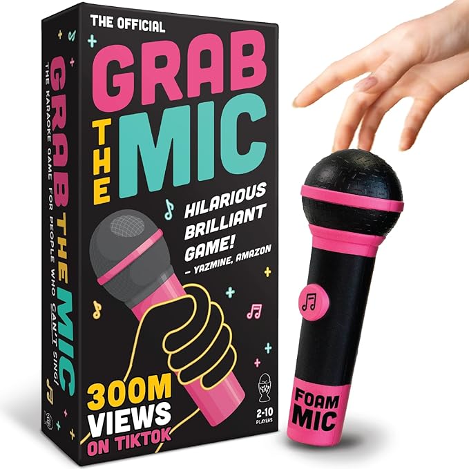 Lucky Egg Official Grab The Mic – Family Karaoke Board Game w/Foam Mic, 8+ Ages, 2-10 Players - Games for Bad Singers w/ 250 Lyrics (125 Cards) for Hilarious Game Nights & Birthday Party, Kids Gift Nirvana Guru