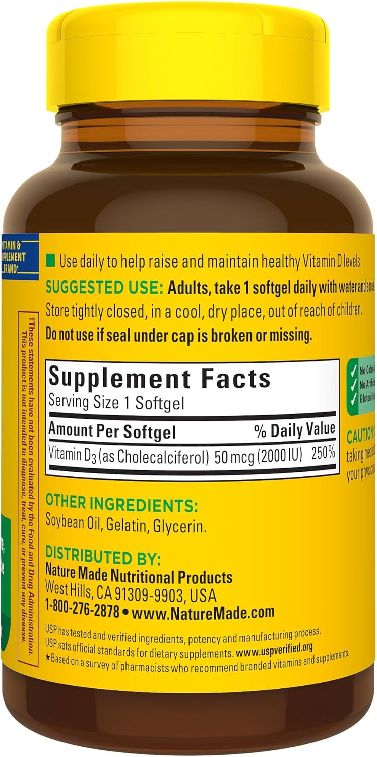 Nature Made Vitamin D3 2000 IU (50 mcg), Dietary Supplement for Bone, Teeth, Muscle and Immune Health Support, 250 Softgels, 250 Day Supply - Nirvana Guru