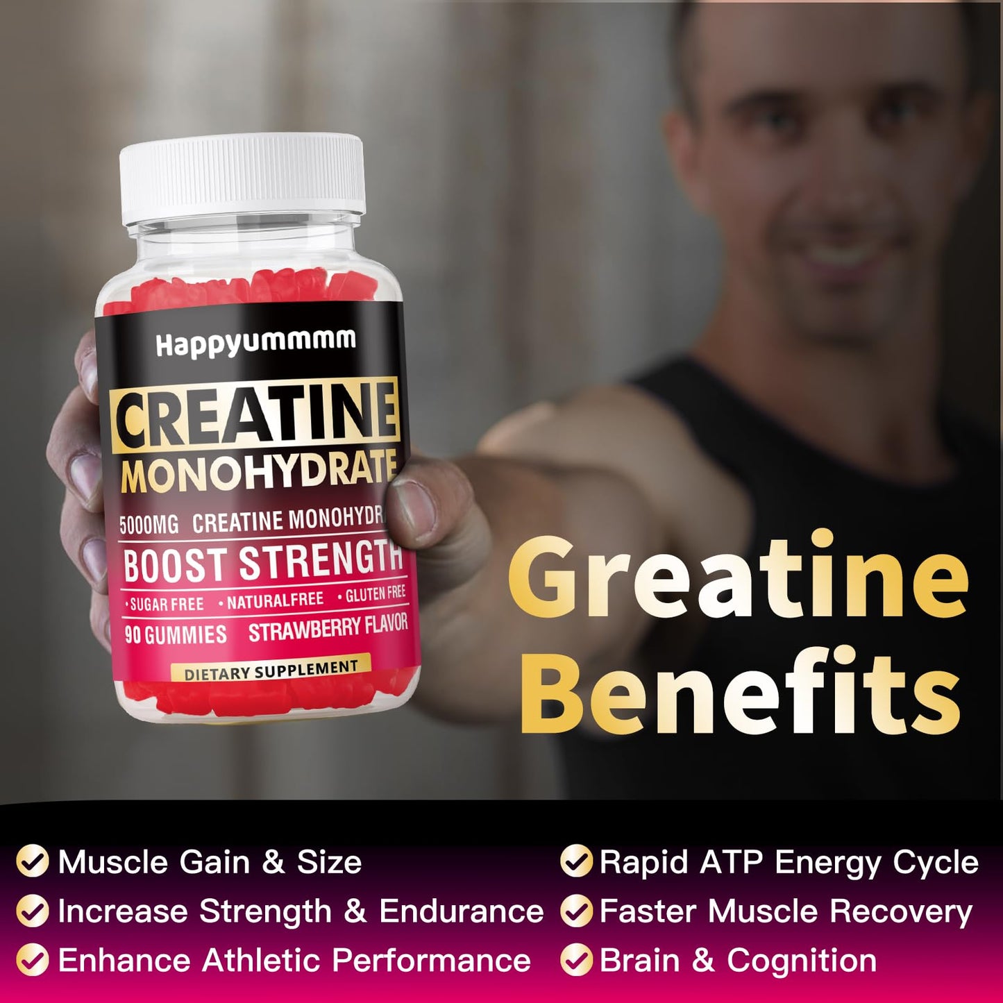 Creatine Monohydrate Gummies 5000mg for Men & Women, Chewables Creatine Monohydrate for Muscle Strength, Muscle Builder, Energy Boost, Pre-Workout Supplement(90 Count)-Strawberry.
