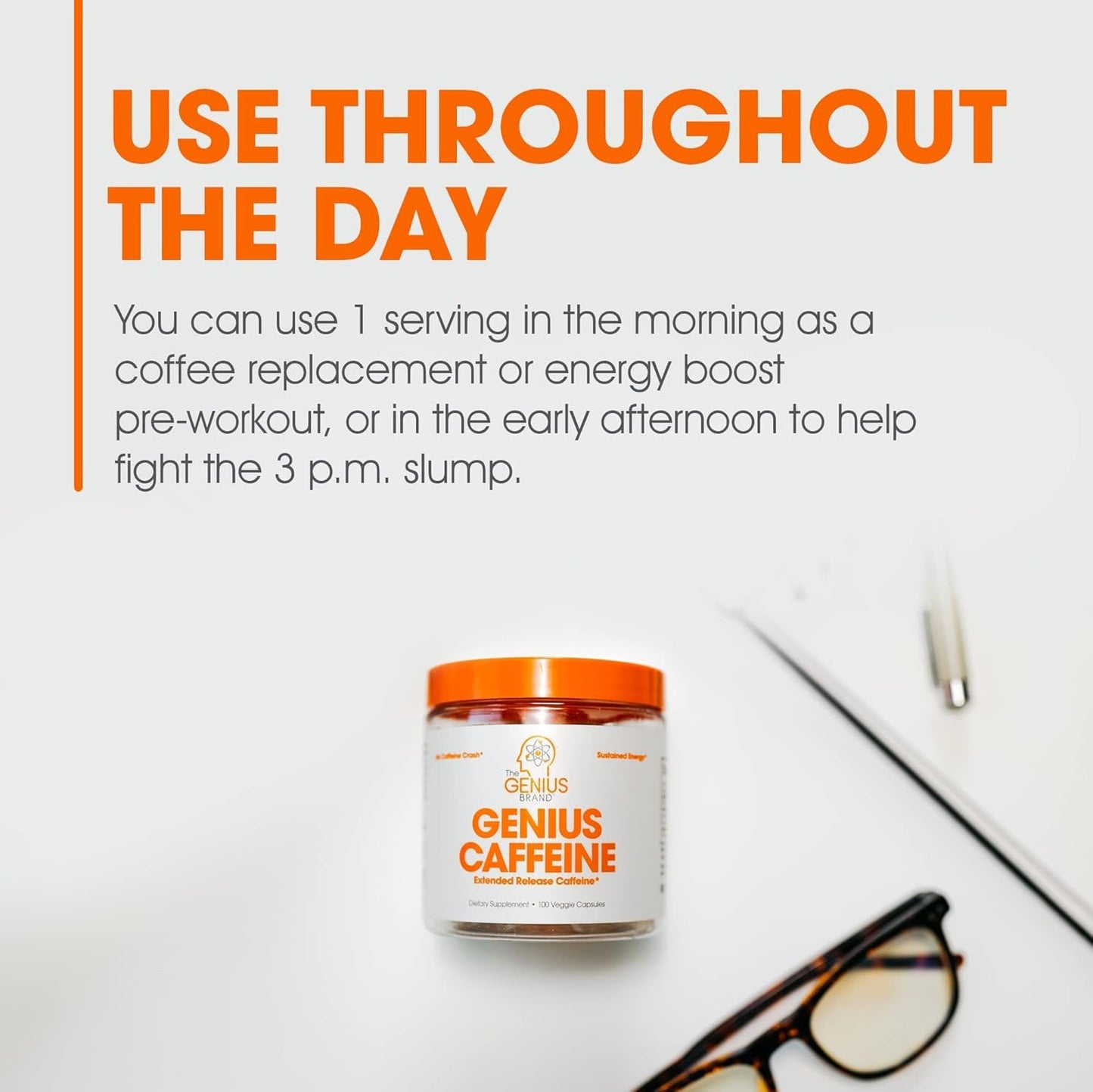 Genius Caffeine - Sustained-Release Microencapsulated Caffeine Pills for Smooth, Long-Lasting Energy & Focus - No Jitters or Crash - 100mg per Capsule - 100 Servings - Natural Performance Booster